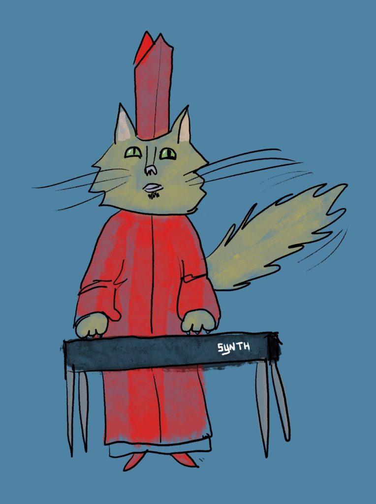A drawing of Paul the Cat in red Cardinal garb standing behind a synthesizer.